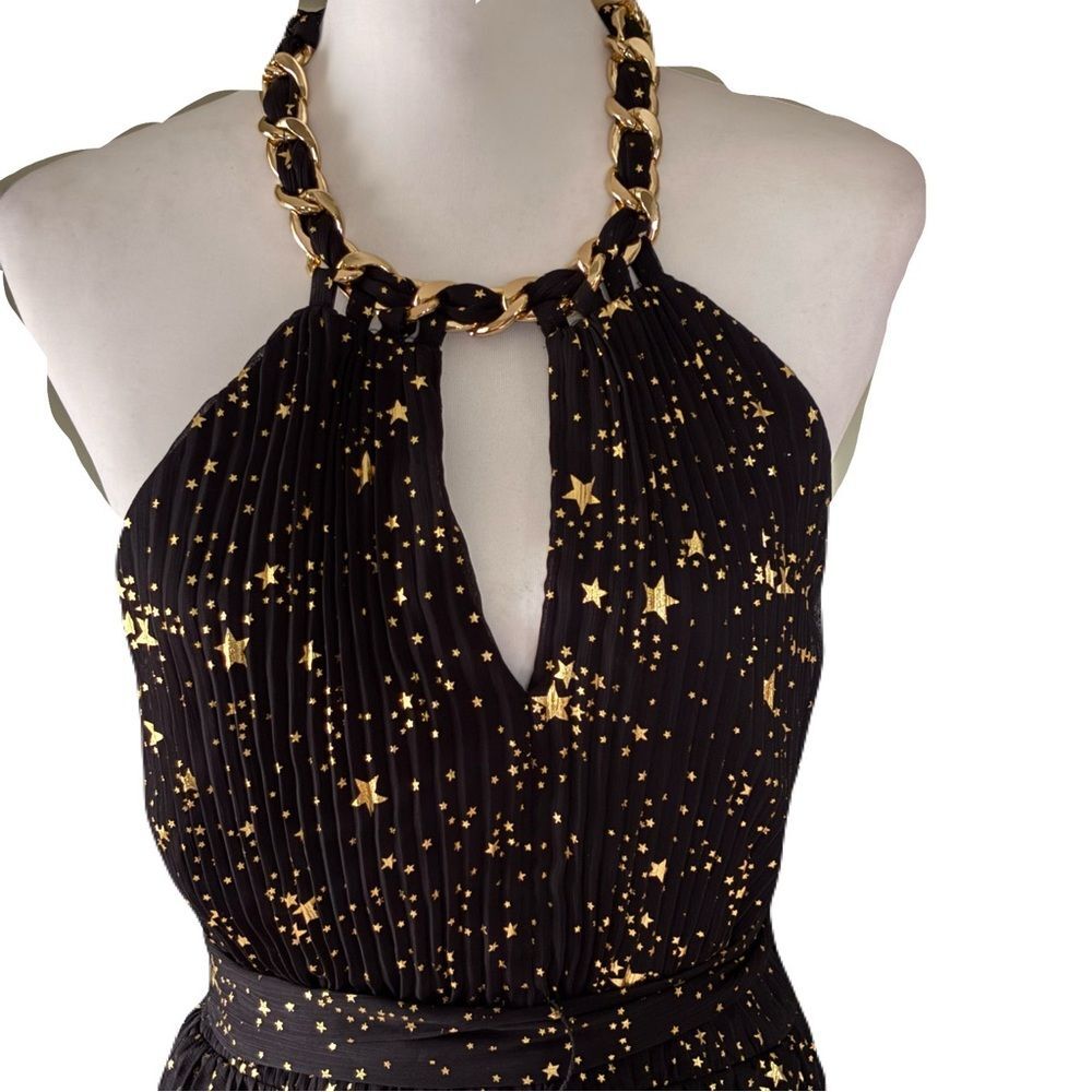 NWT Alex Marie Black and Gold Tiered Pleated Halter Maxi Dress – Size 4 - Picture 3 of 14